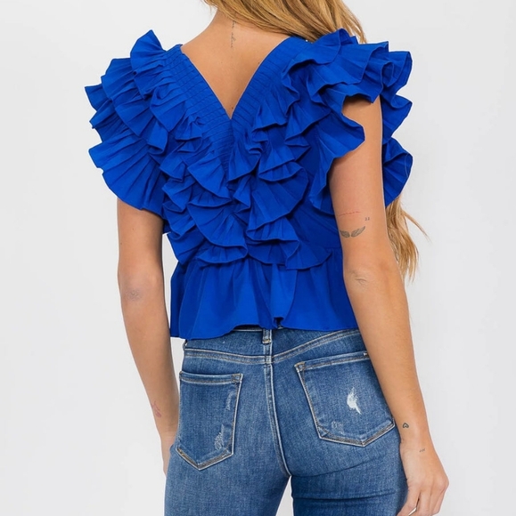 Beulah Style Ruffled Peplum Top Blouse Blue New - Picture 2 of 9